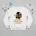 A white sweatshirt displaying a Native American headdress graphic and the 