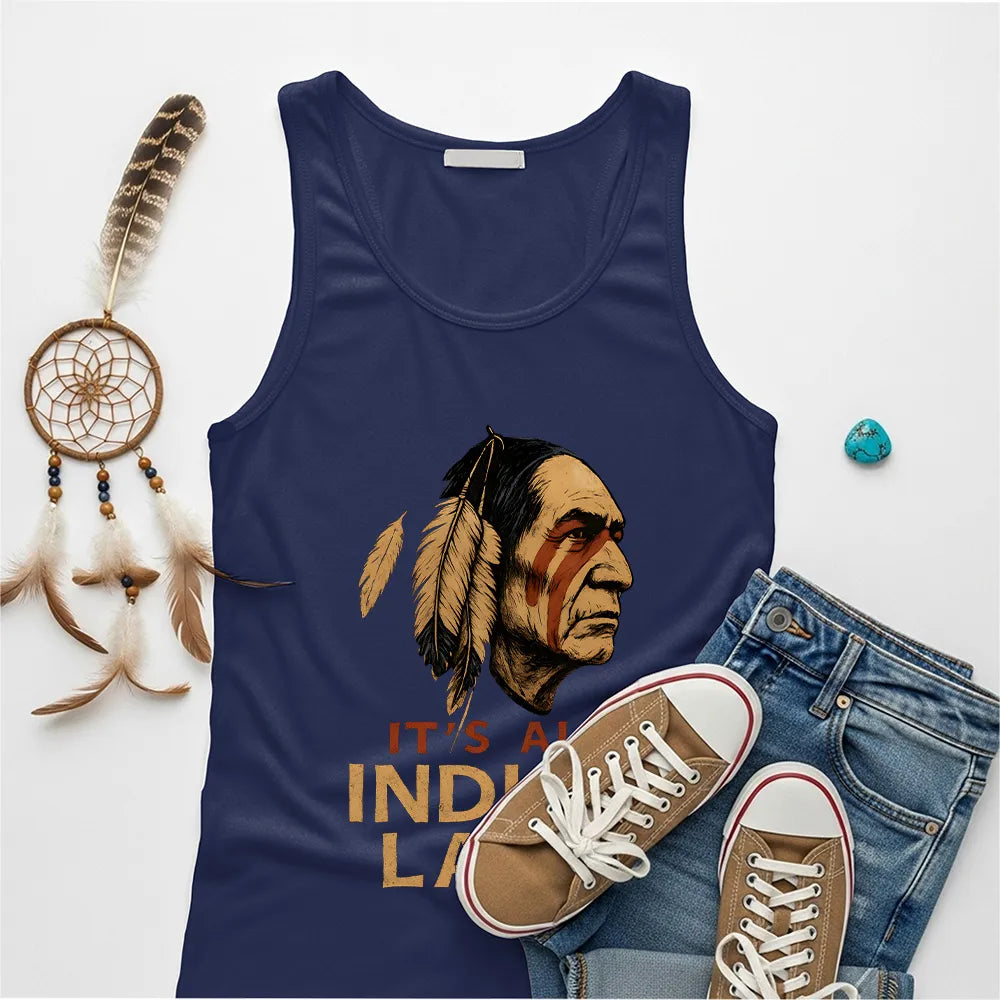 A navy blue tank top with the "It’s All Indian Land" text and a traditional Native American headdress motif.