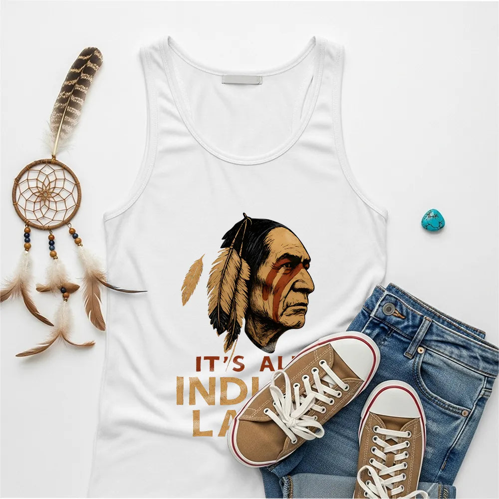 A navy blue tank top with the "It’s All Indian Land" text and a traditional Native American headdress motif.