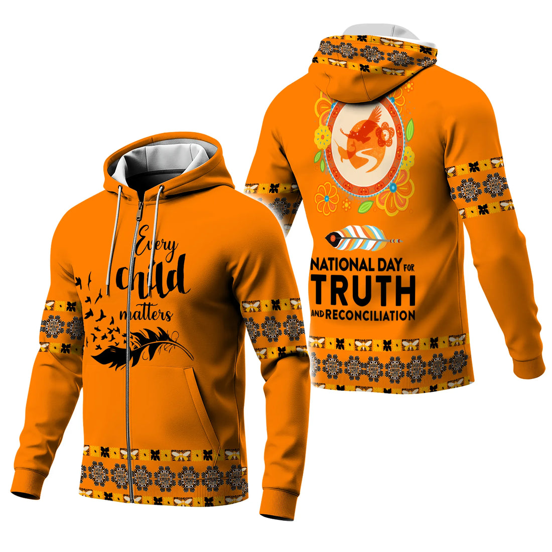 Front and back view of an orange bomber jacket with “Every Child Matters” lettering and a black feather turning into flying birds.