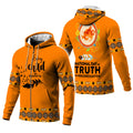 Front and back view of an orange bomber jacket with “Every Child Matters” lettering and a black feather turning into flying birds.