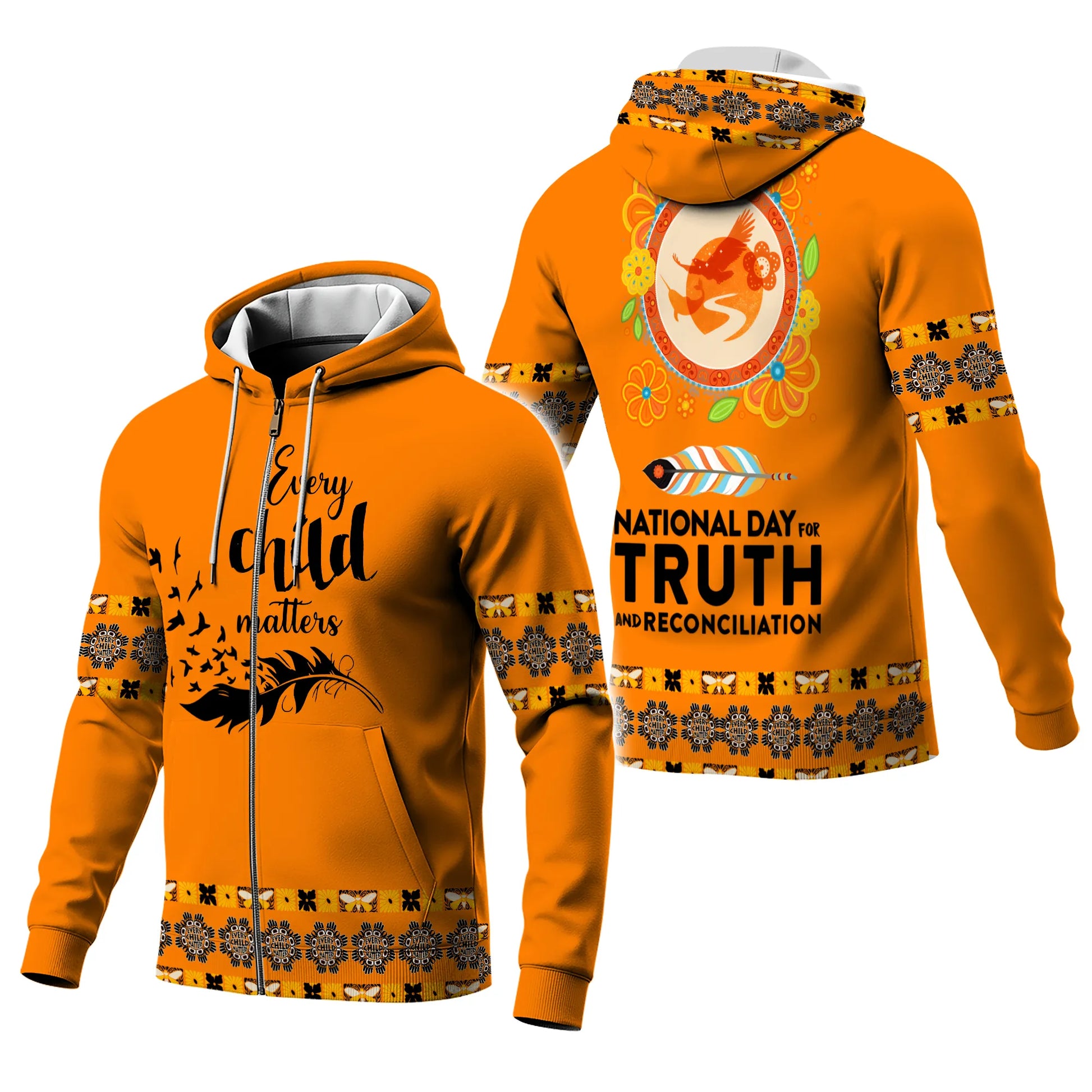 Front and back view of an orange bomber jacket with “Every Child Matters” lettering and a black feather turning into flying birds.