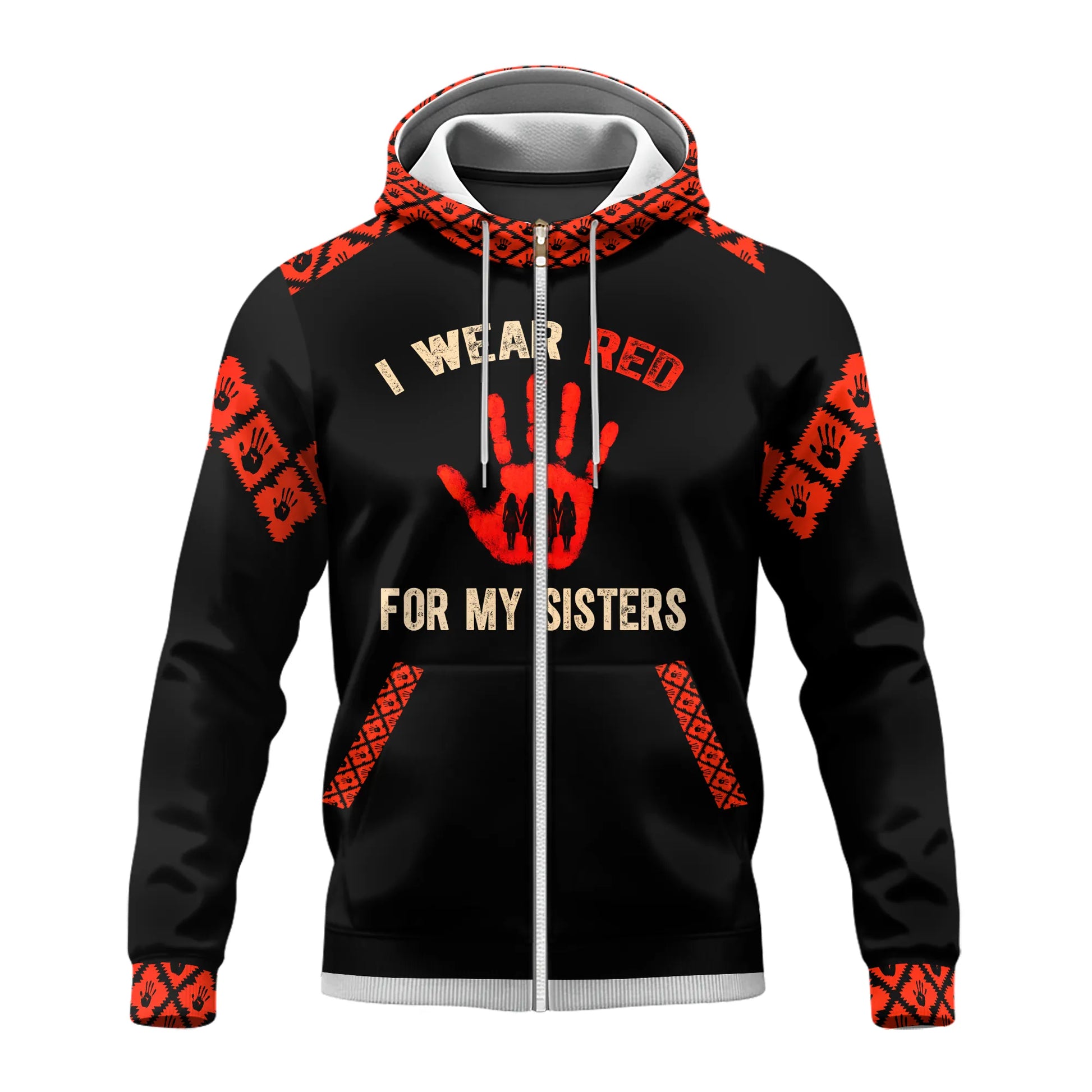 Close-up of hoodie front showing red handprint and I Wear Red For My Sisters text