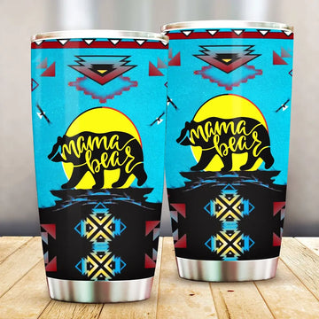 Mama Bear stainless steel tumbler with vibrant blue Native American pattern on a wooden table