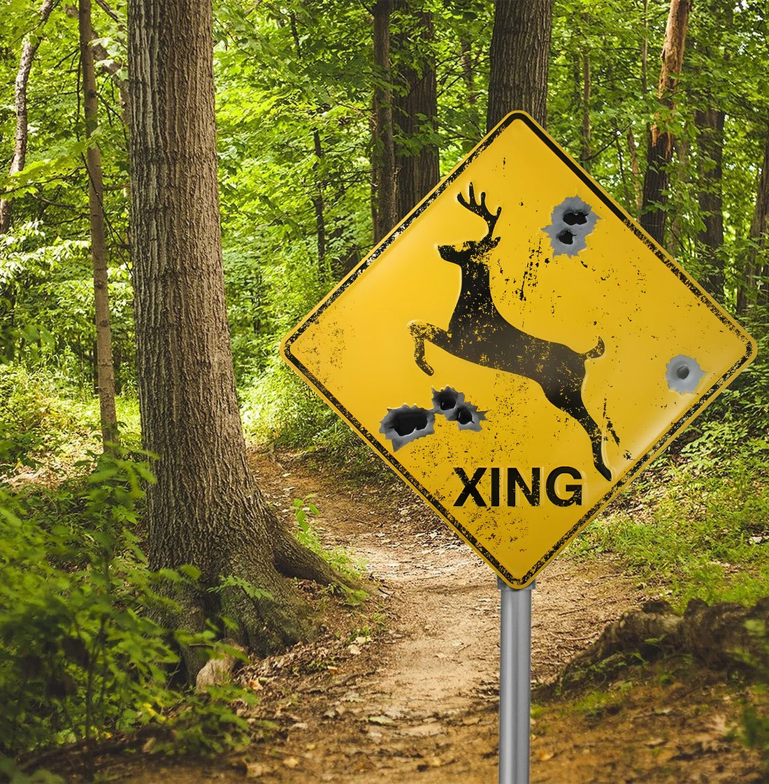 Funny Deer Crossing Metal Sign with Bullet Holes, Rustic Hunter Decor, Vintage Yellow Road Sign for Cabin Garage or Man Cave