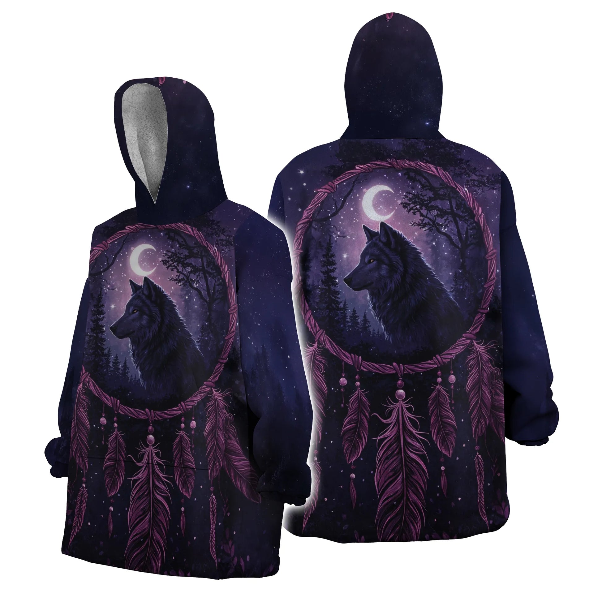  Front and back views of a snug hoodie featuring a dark midnight-blue forest background, a central dreamcatcher with purple feathers, and a black wolf silhouette under a crescent moon surrounded by stars.