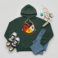 A forest green hoodie showcasing the MMIW awareness design with the red handprint and feathers.