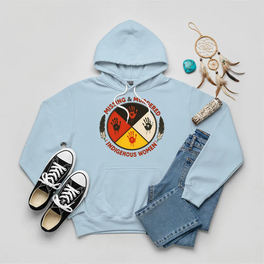 A light blue hoodie with the MMIW advocacy graphic, presented for social awareness.