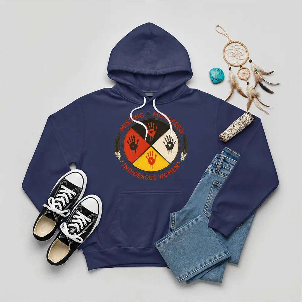 A navy blue hoodie with the "No More Stolen Sisters" MMIW graphic, shown casually.