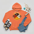 An orange hoodie with the 
