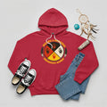 A red hoodie featuring the prominent MMIW awareness design with a red handprint and feathers.