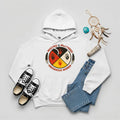 A white hoodie displaying the MMIW awareness graphic with a red handprint, feathers, and text, laid flat