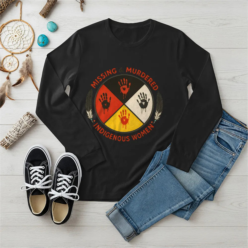 A black long-sleeve t-shirt with a "Missing & Murdered Indigenous Women" graphic featuring a red handprint over feathers and text.