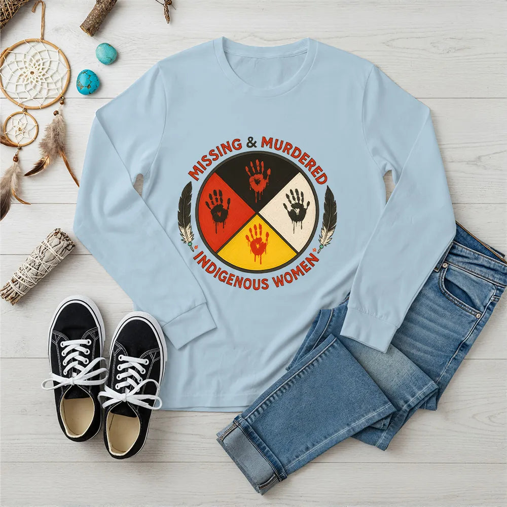 A navy blue long-sleeve t-shirt with the "No More Stolen Sisters" MMIW graphic, shown casually.