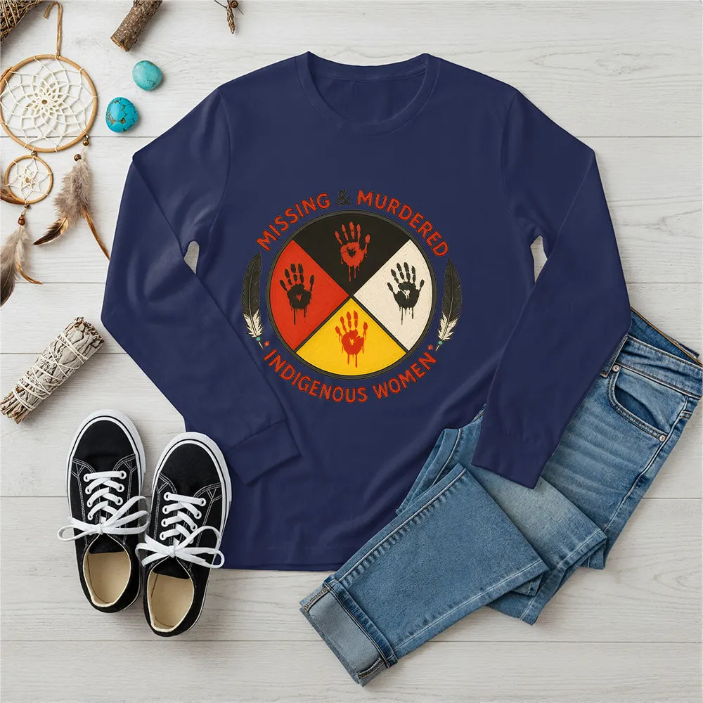 A navy blue long-sleeve t-shirt with the "No More Stolen Sisters" MMIW graphic, shown casually.