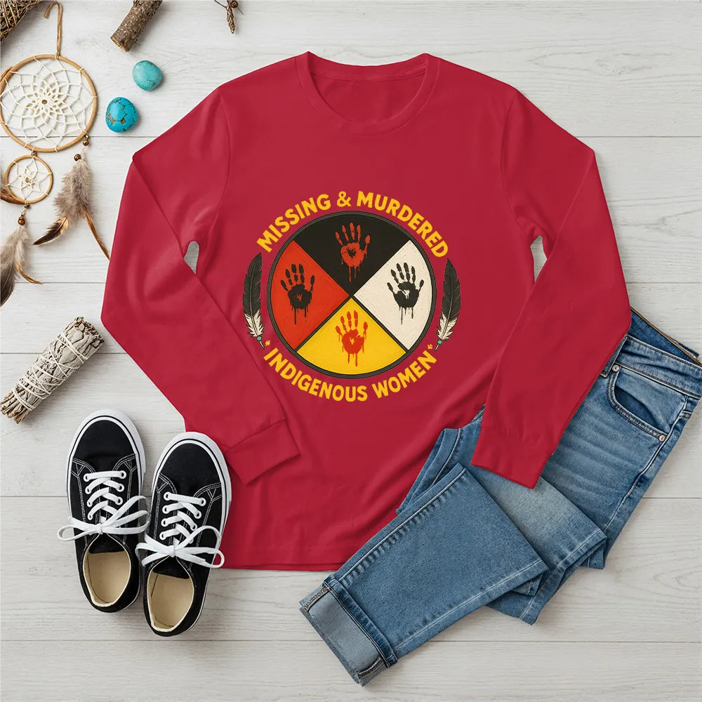 A red long-sleeve t-shirt featuring the prominent MMIW awareness design with a red handprint and feathers.