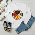 A white long-sleeve t-shirt displaying the MMIW awareness graphic with a red handprint, feathers, and text, laid flat.