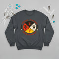 A dark grey sweatshirt featuring the MMIW awareness design, styled for powerful messaging.