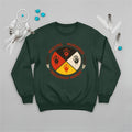 A forest green sweatshirt showcasing the MMIW awareness design with the red handprint and feathers.