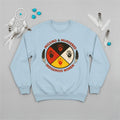A light blue sweatshirt with the MMIW advocacy graphic, presented for social awareness.