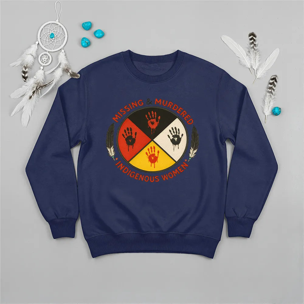 A navy blue sweatshirt with the "No More Stolen Sisters" MMIW graphic, shown casually.