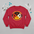 A red sweatshirt featuring the prominent MMIW awareness design with a red handprint and feathers.