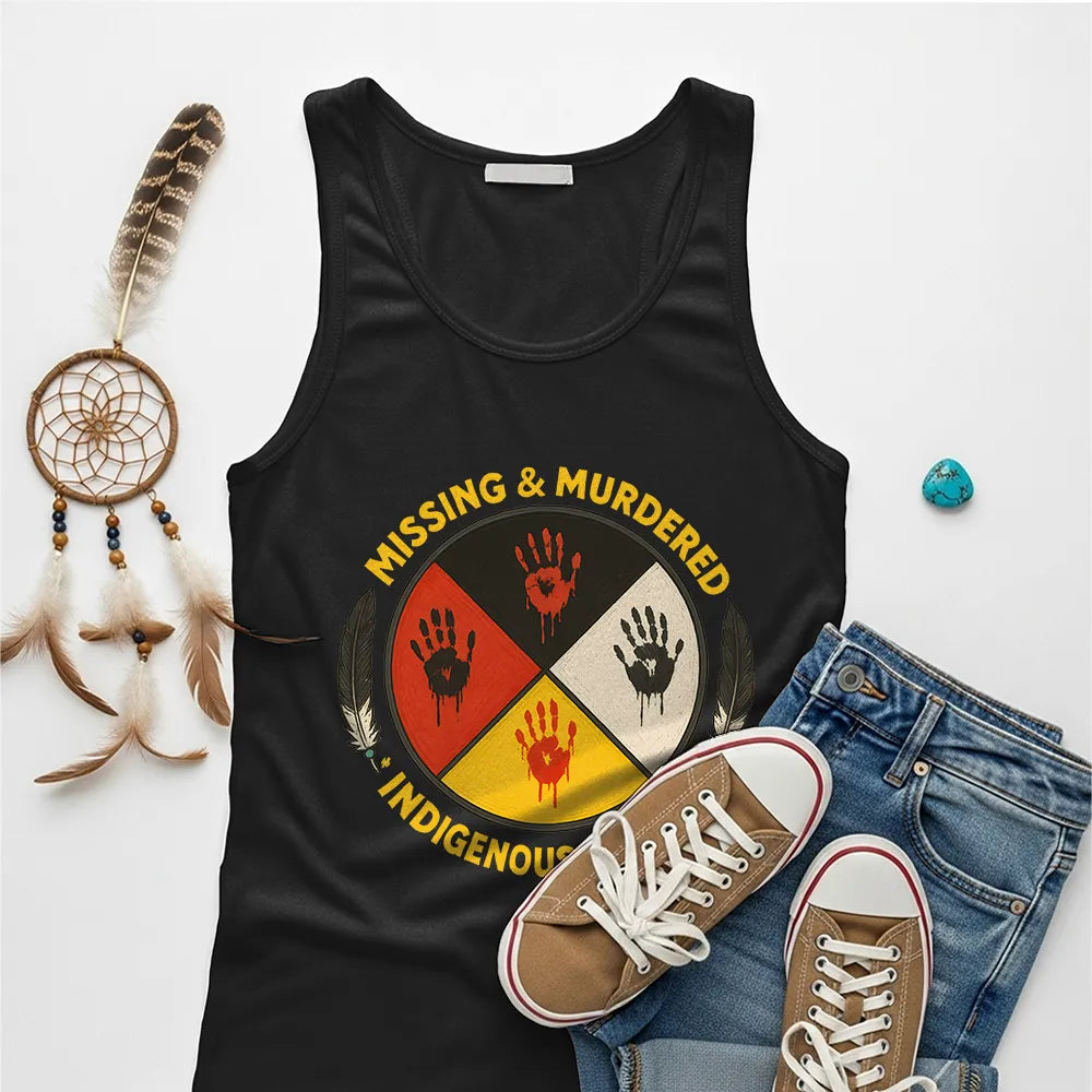 A black tank top featuring the "No More Stolen Sisters" MMIW graphic, styled for advocacy.