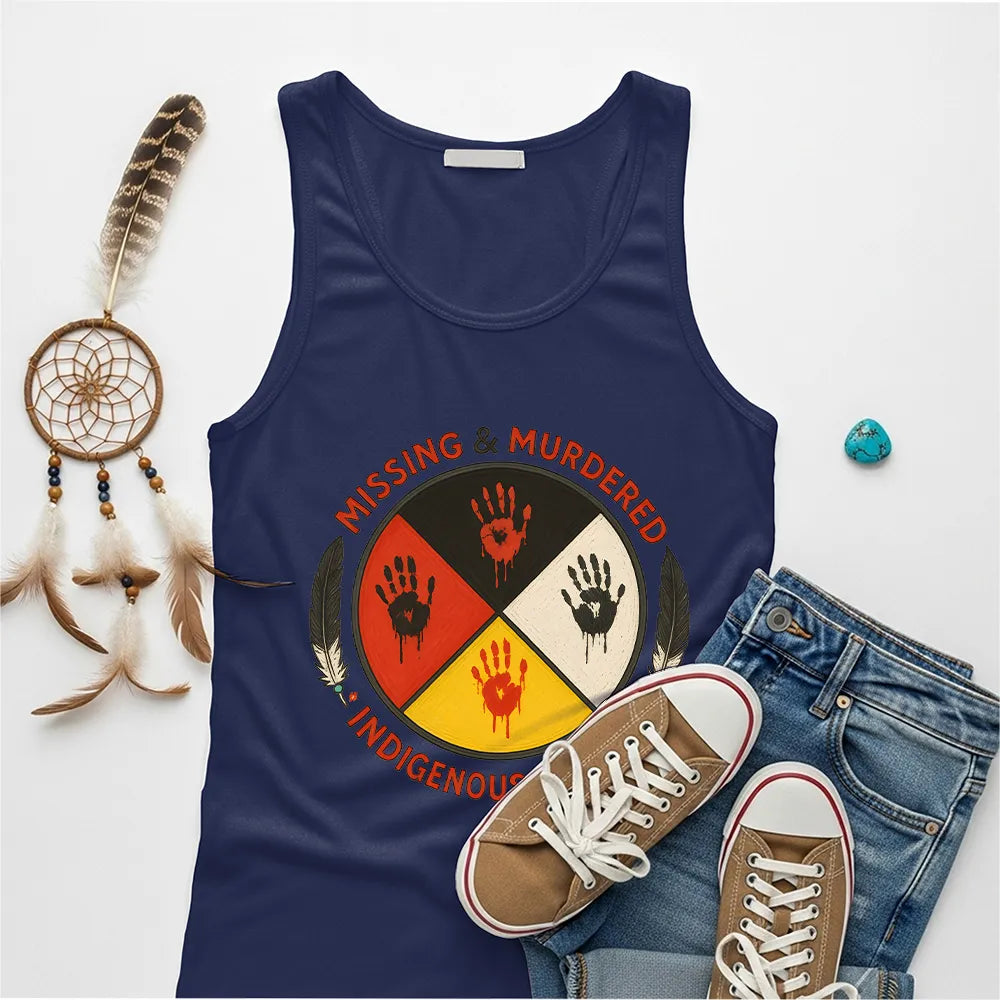 A navy blue tank top with the "No More Stolen Sisters" MMIW graphic, shown casually.