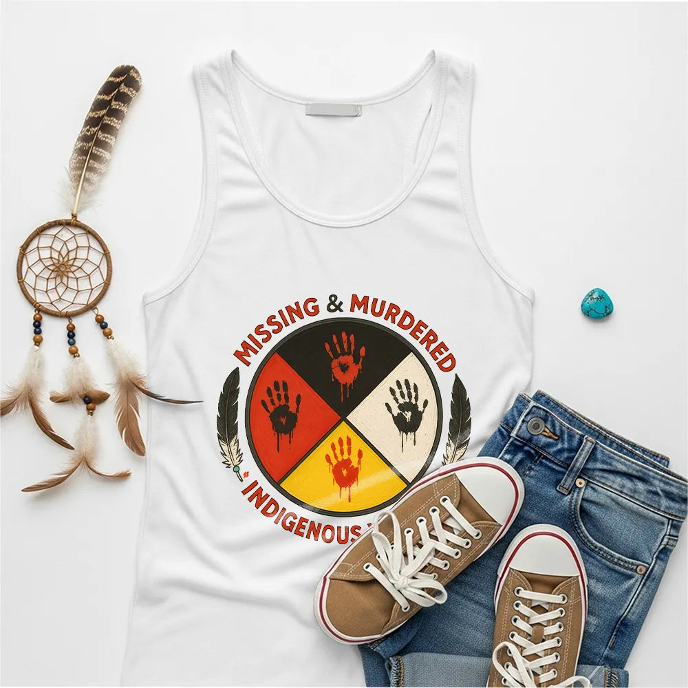 A white tank top displaying the "No More Stolen Sisters" MMIW graphic, laid flat.
