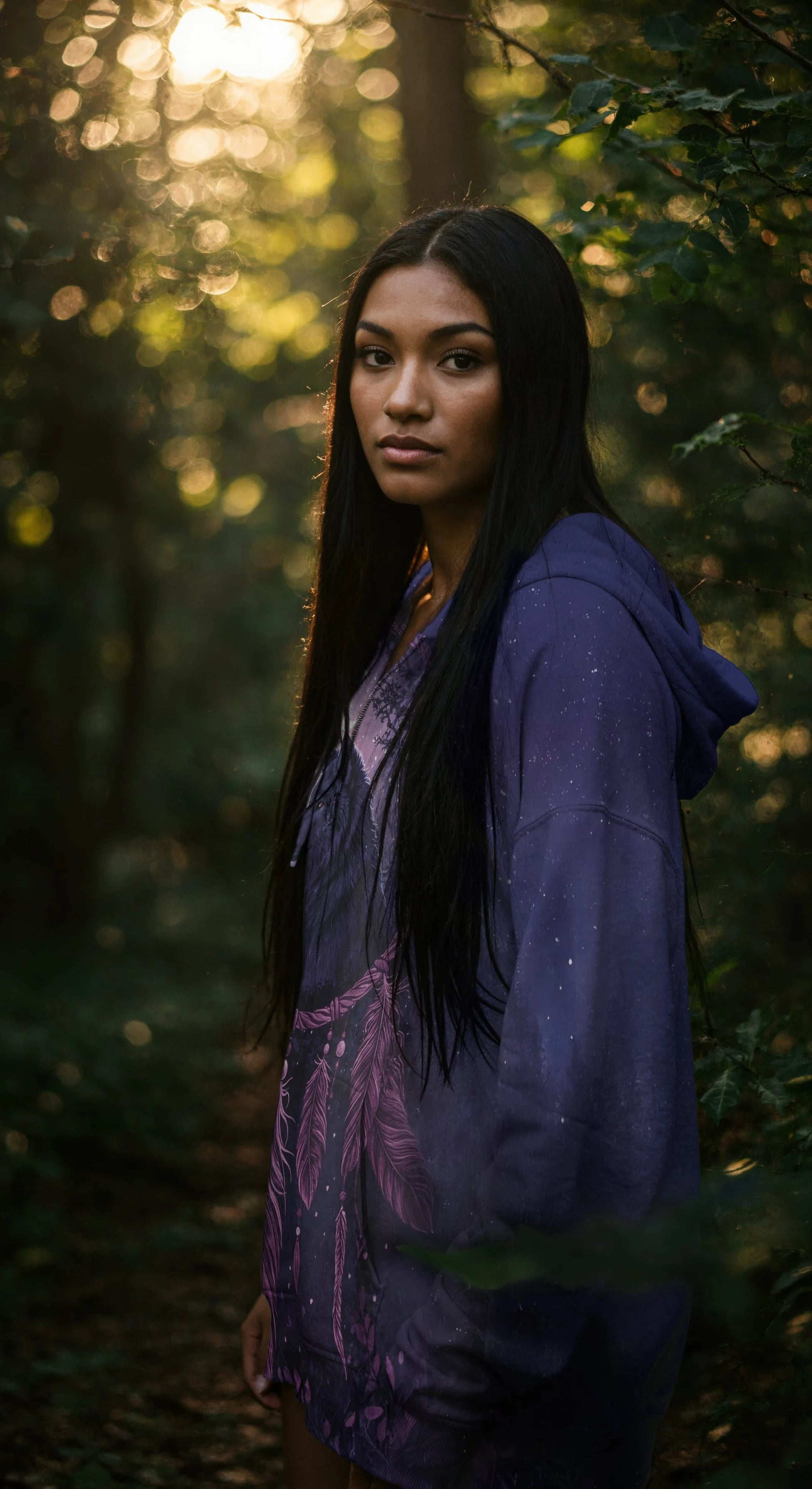 Female model in a purple dreamcatcher-printed Native-American–inspired pullover hoodie, looking over her shoulder, photographed on a white background
