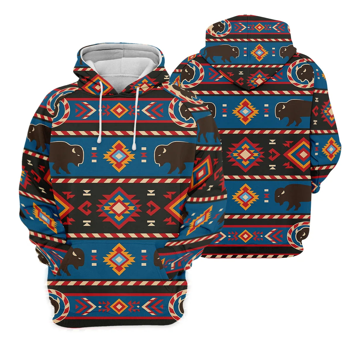 Front and back view of Native America Great Plains inspired hoodie with buffalo motifs and vibrant geometric designs.