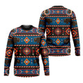 Front and back view of Native America Great Plains inspired long sleeve shirt featuring buffalo symbols and colorful geometric tribal artwork.