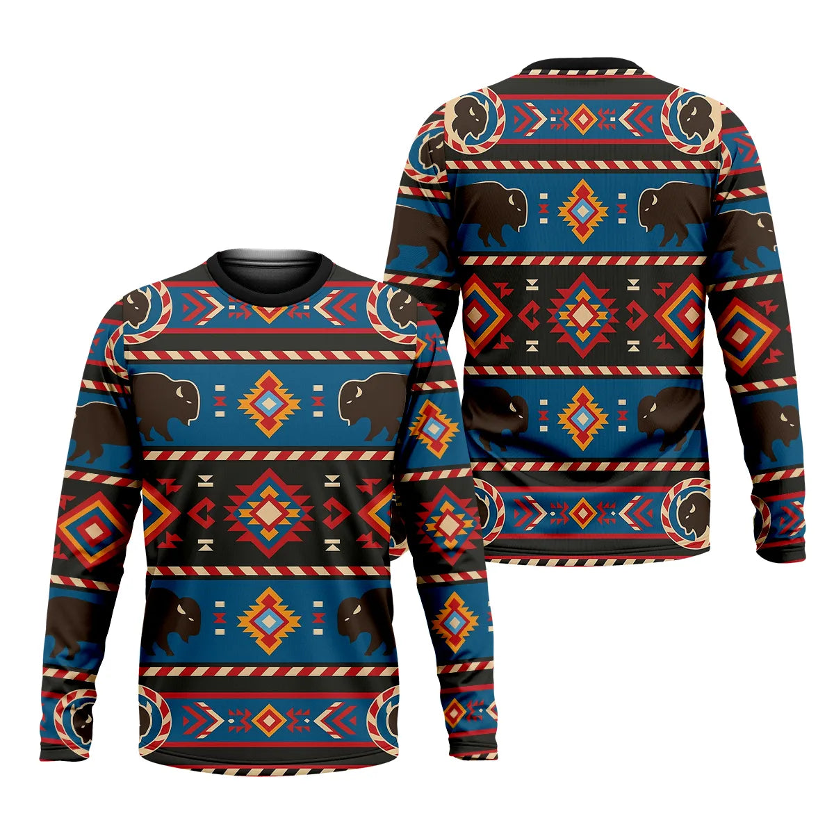 Front and back view of Native America Great Plains inspired long sleeve shirt featuring buffalo symbols and colorful geometric tribal artwork.