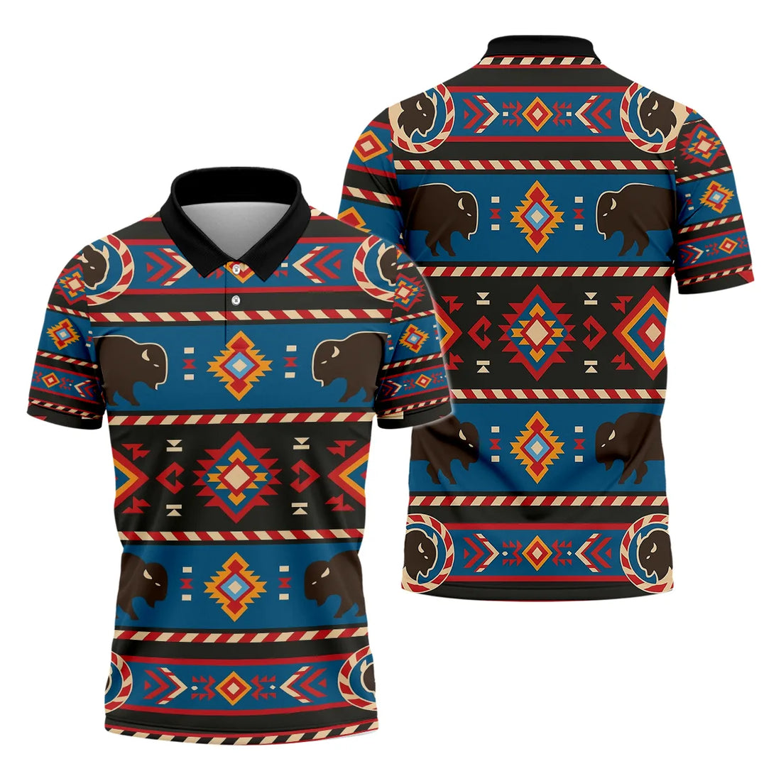 Front and back view of Native America Great Plains inspired polo shirt featuring buffalo and geometric tribal patterns.