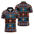 Front and back view of Native America Great Plains inspired polo shirt featuring buffalo and geometric tribal patterns.