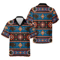 Front and back view of Native America Great Plains inspired short sleeve button shirt with buffalo and traditional geometric pattern designs.