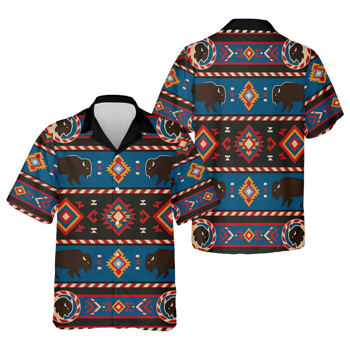 Front and back view of Native America Great Plains inspired short sleeve button shirt with buffalo and traditional geometric pattern designs.