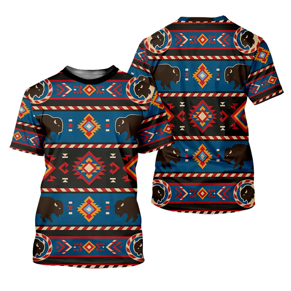 Front and back view of Native America Great Plains inspired polo shirt featuring buffalo and geometric tribal patterns.