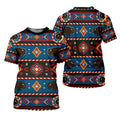 Front and back view of Native America Great Plains inspired short sleeve t-shirt decorated with buffalo and tribal geometric patterns.