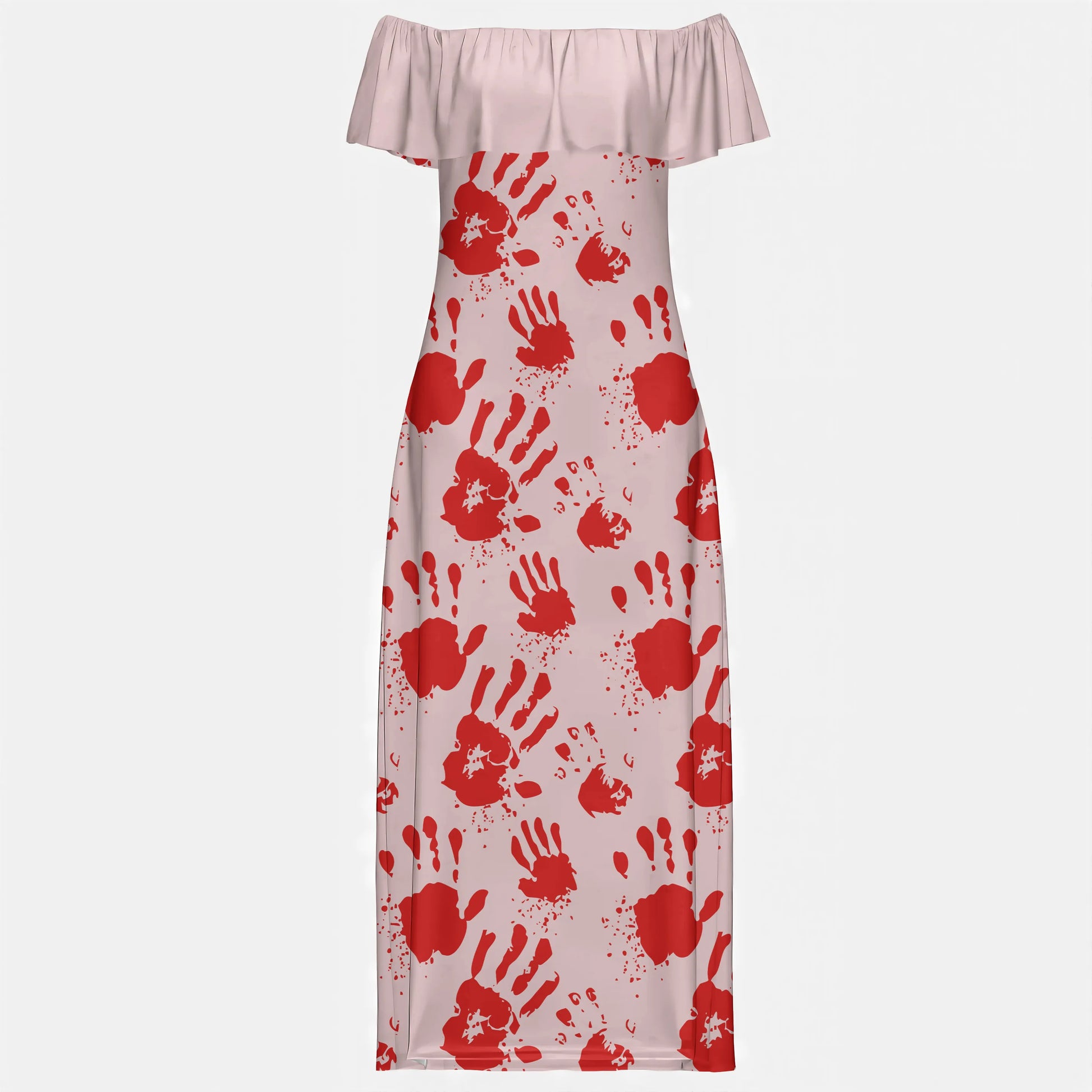 Side view of an off-shoulder maxi dress with red handprint motif cascading across the skirt.