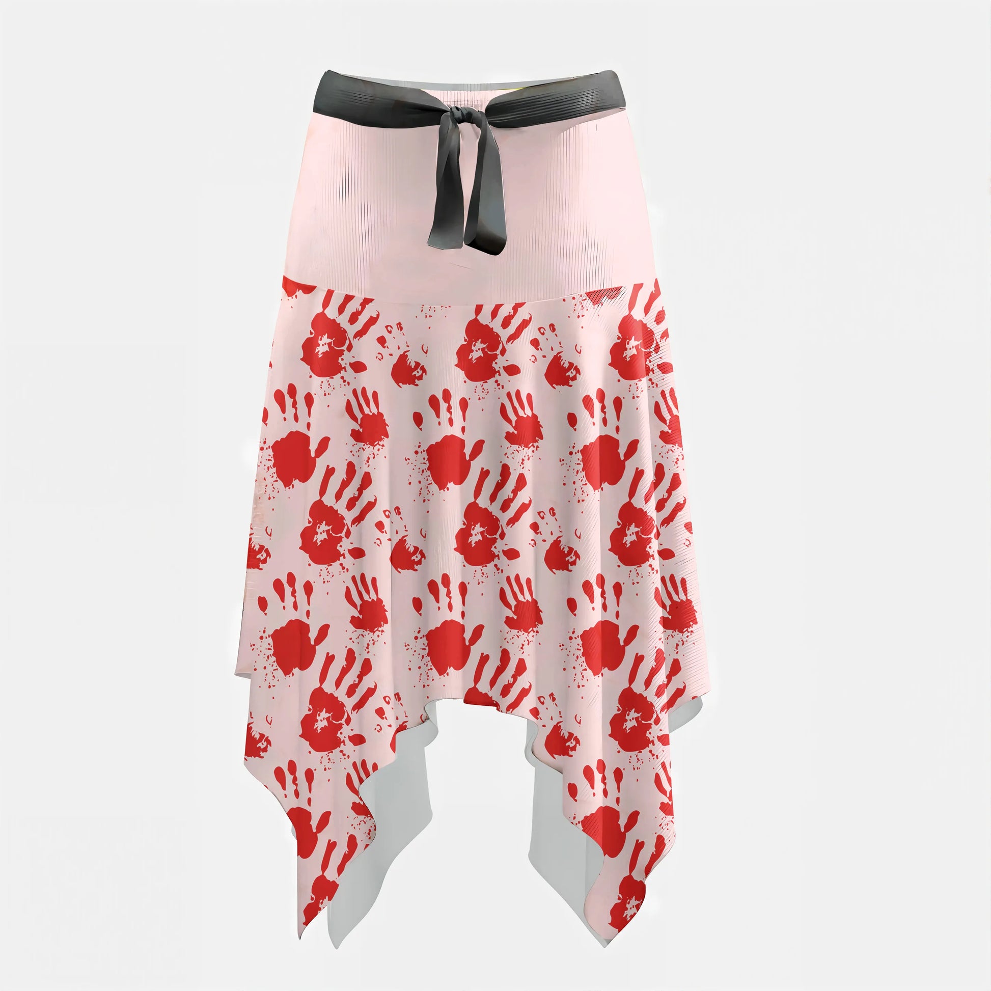 Front view of a pink skirt with bold red handprint pattern and geometric waistband.