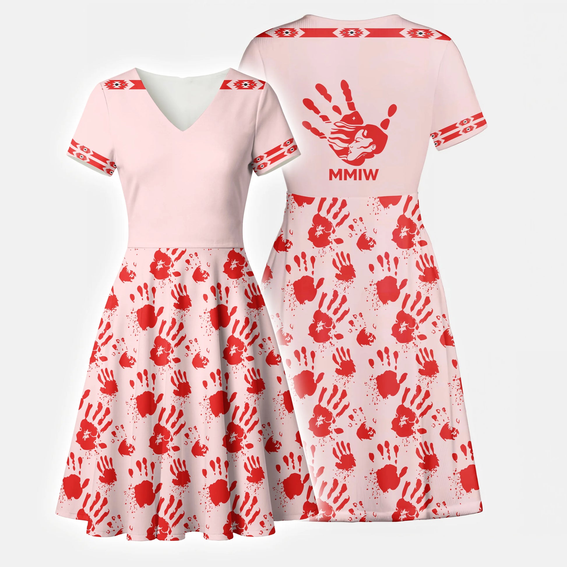 Front and back view of a V-neck A-line dress in soft pink featuring a large red handprint and “MMIW” text.
