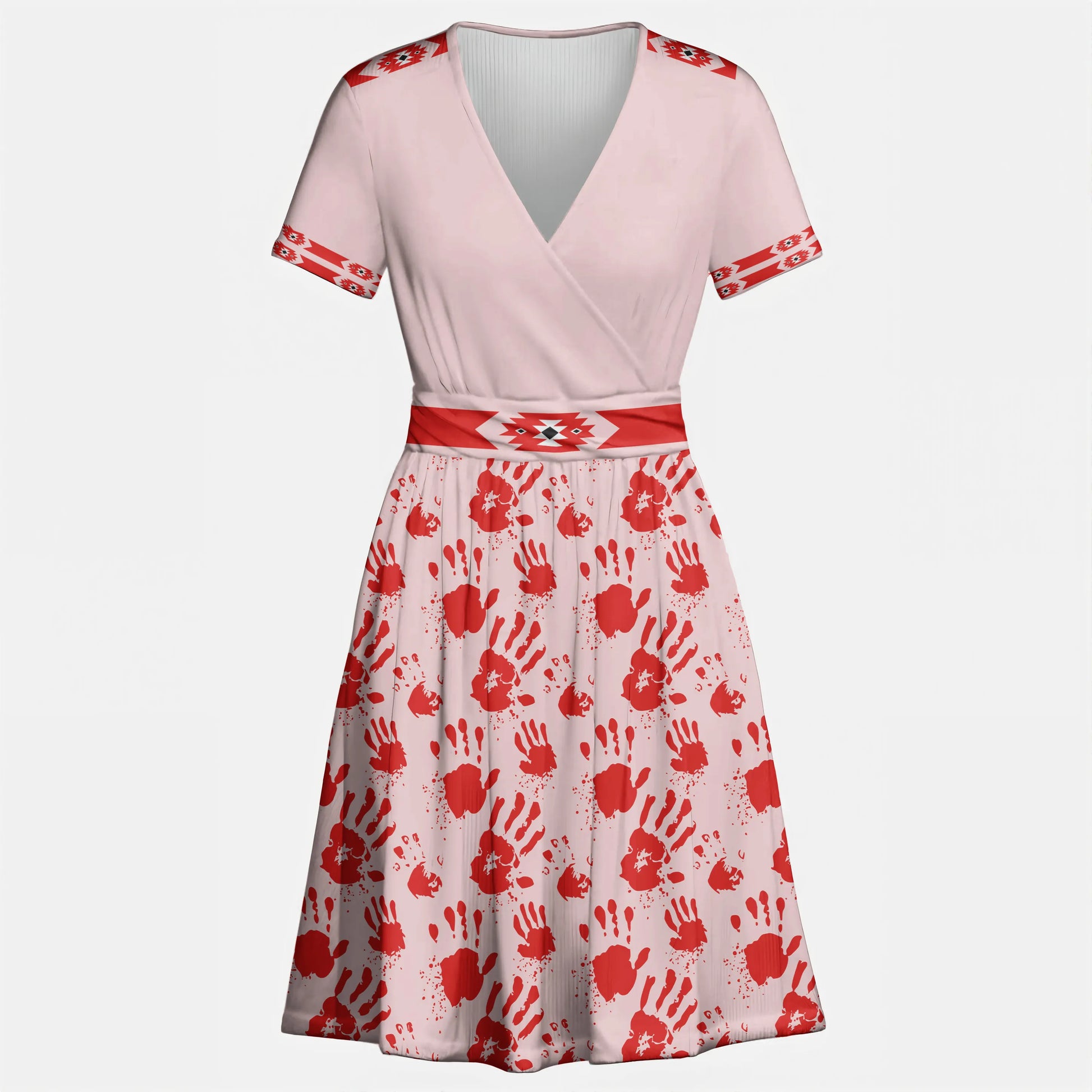 Front view of a pink V-neck dress with waist tie and scattered red handprint pattern.