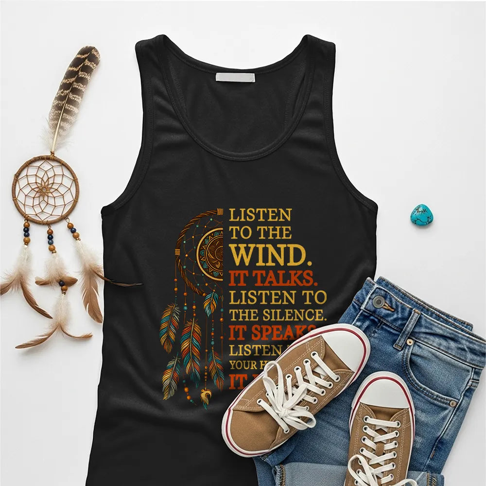 White Native America tank top showcasing dreamcatcher and inspirational text