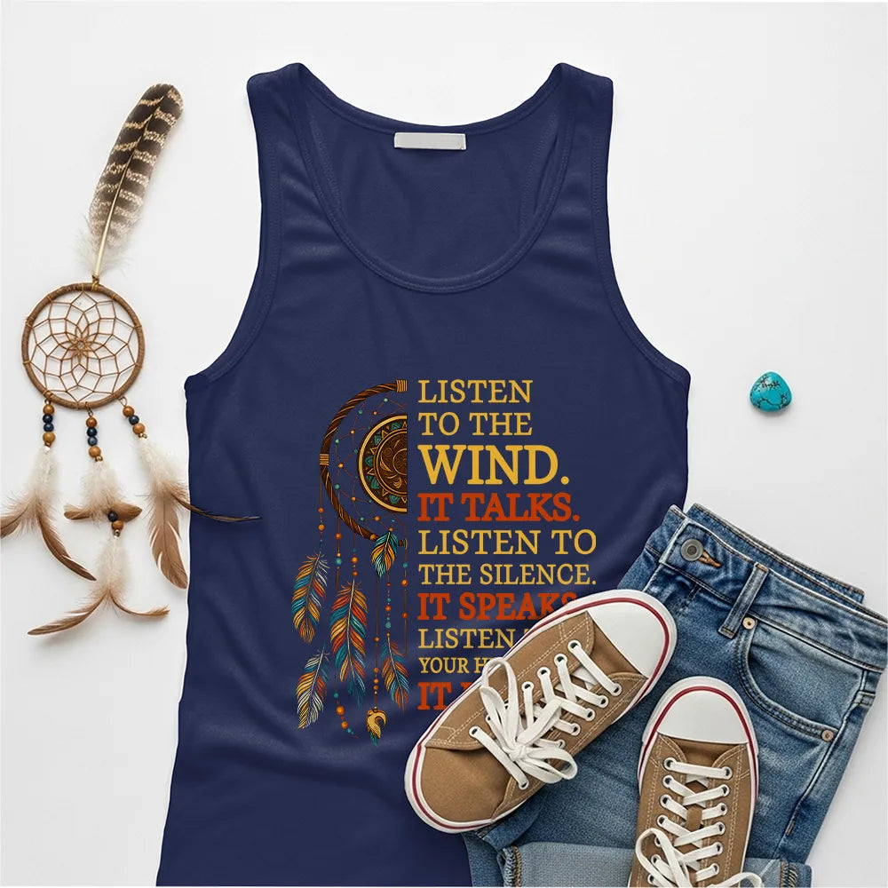 Navy Native America tank top featuring dreamcatcher and motivational quote