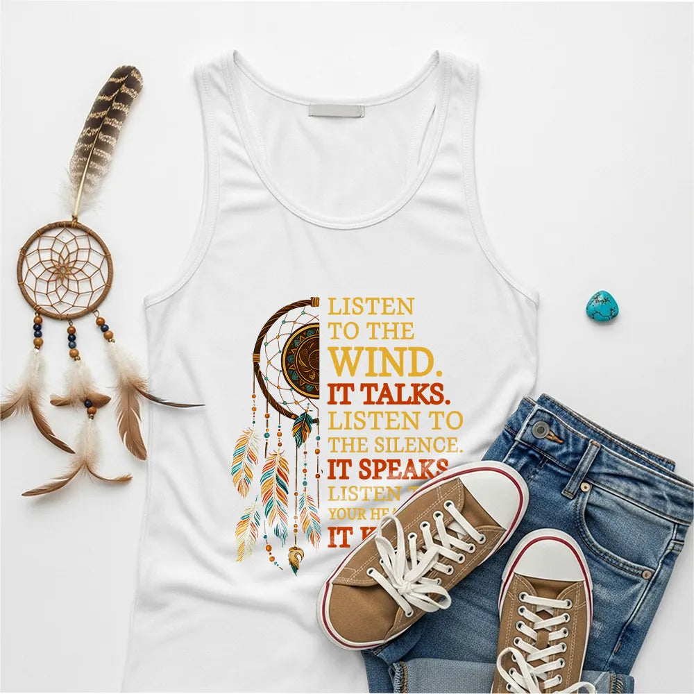 White Native America tank top showcasing dreamcatcher and inspirational text