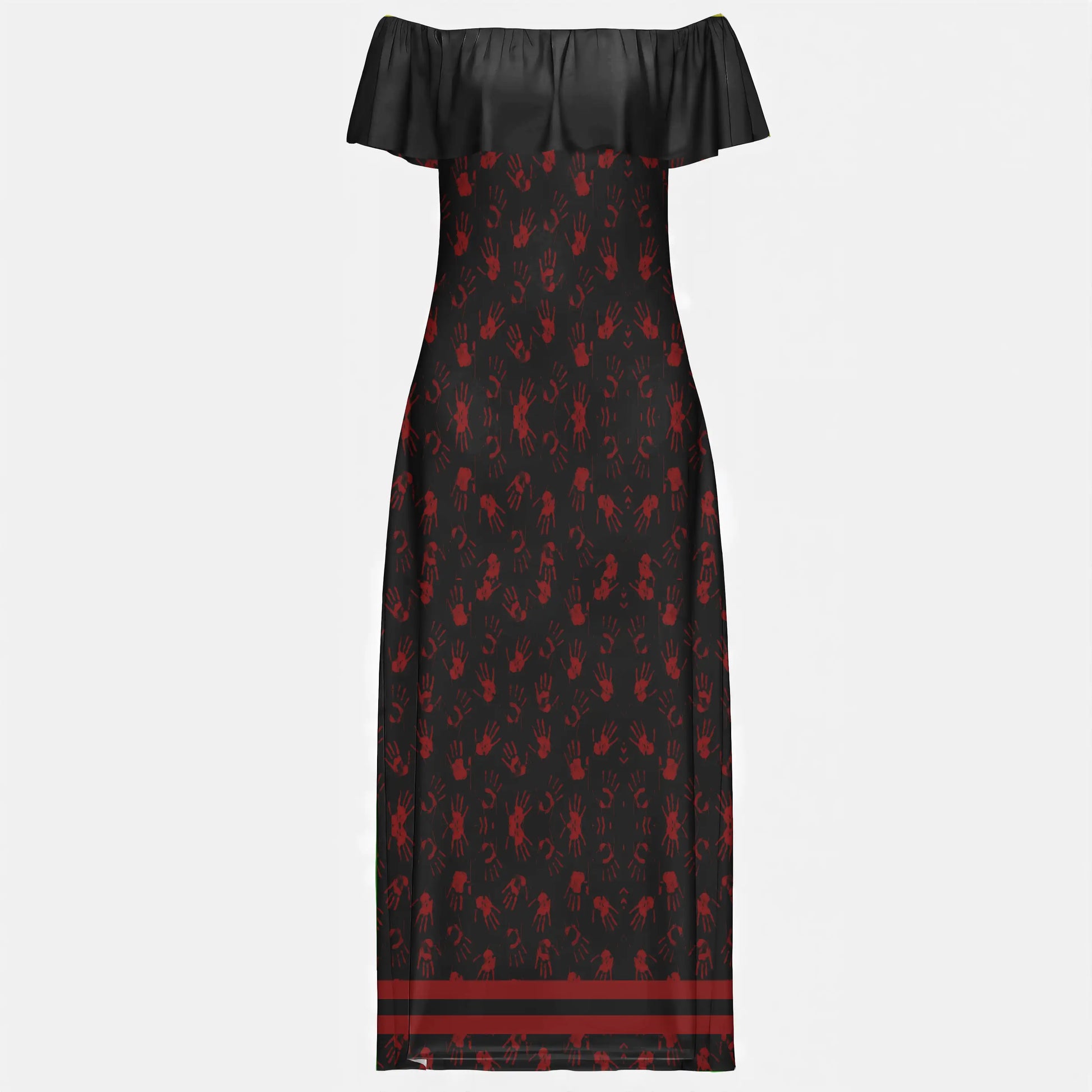 Off-shoulder dress with red handprints and powerful MMIW theme in Native style