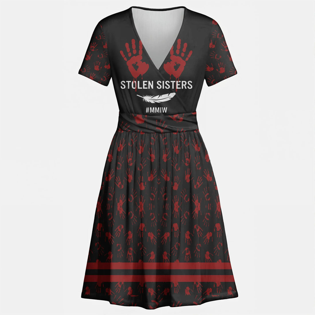 V-neck black and red dress with No More Stolen Sisters message and handprint pattern inspired by Native American culture