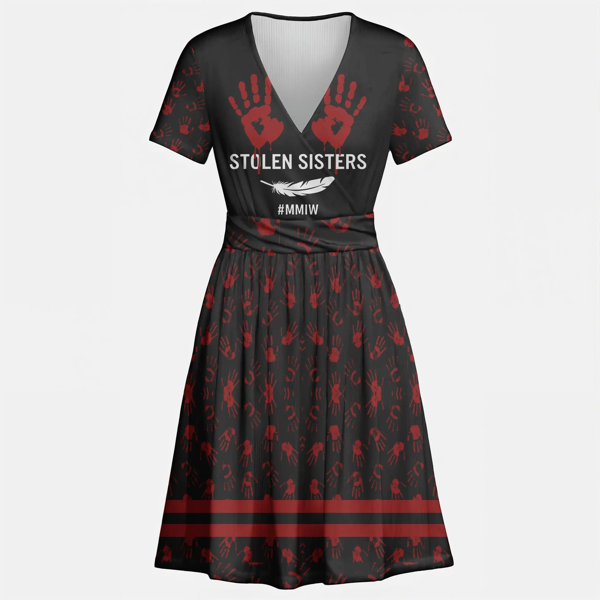 V-neck black and red dress with No More Stolen Sisters message and handprint pattern inspired by Native American culture