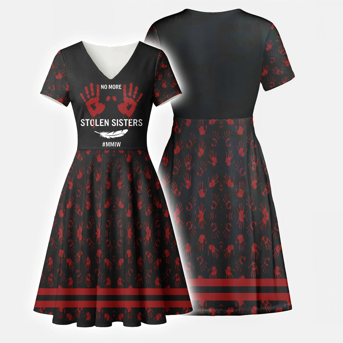 V-neck black and red dress with No More Stolen Sisters message and handprint pattern inspired by Native American culture